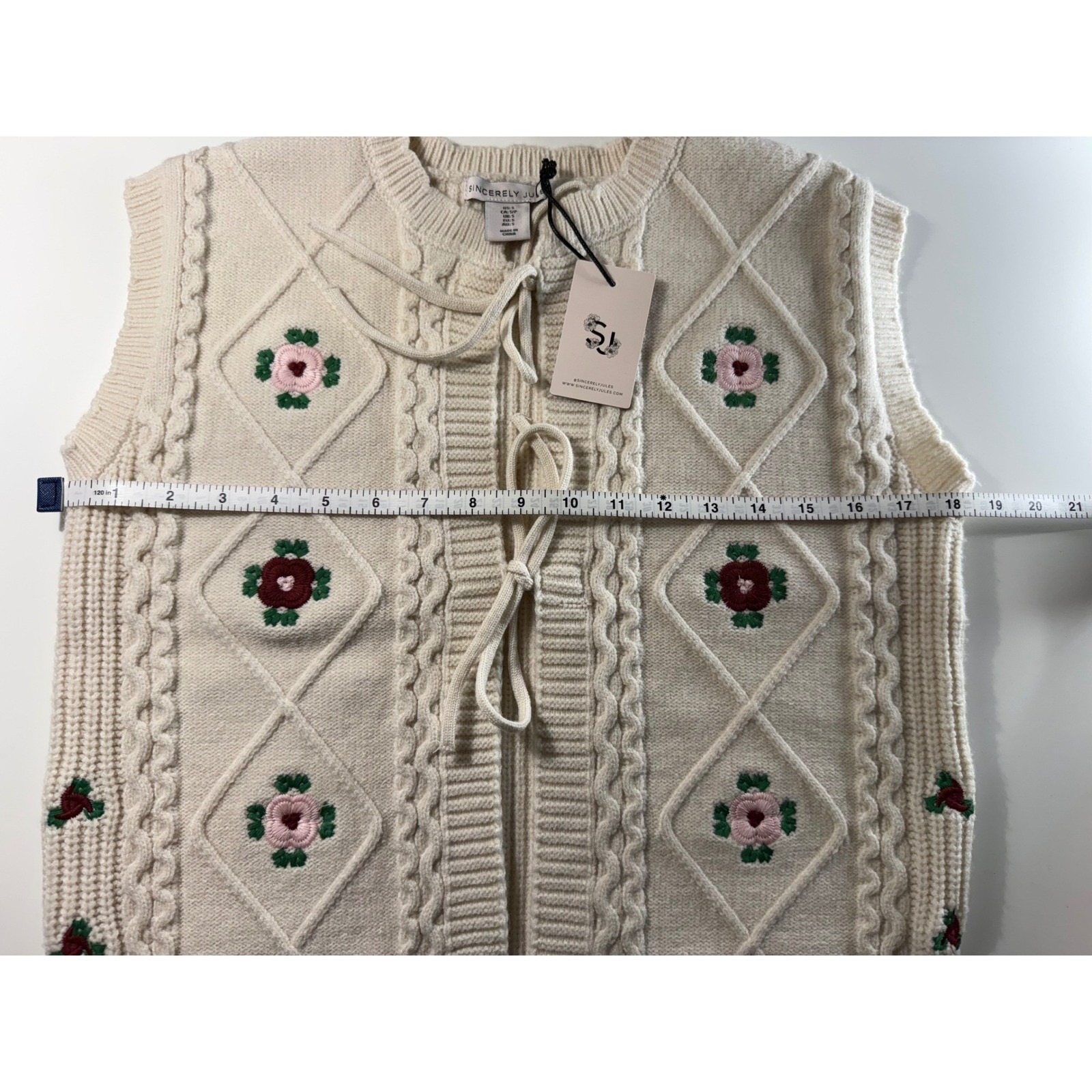Sincerely Jules Floral Embroidered Cable Knit Tie Front Sweater Vest Cream S Nwt — image 6 of 8